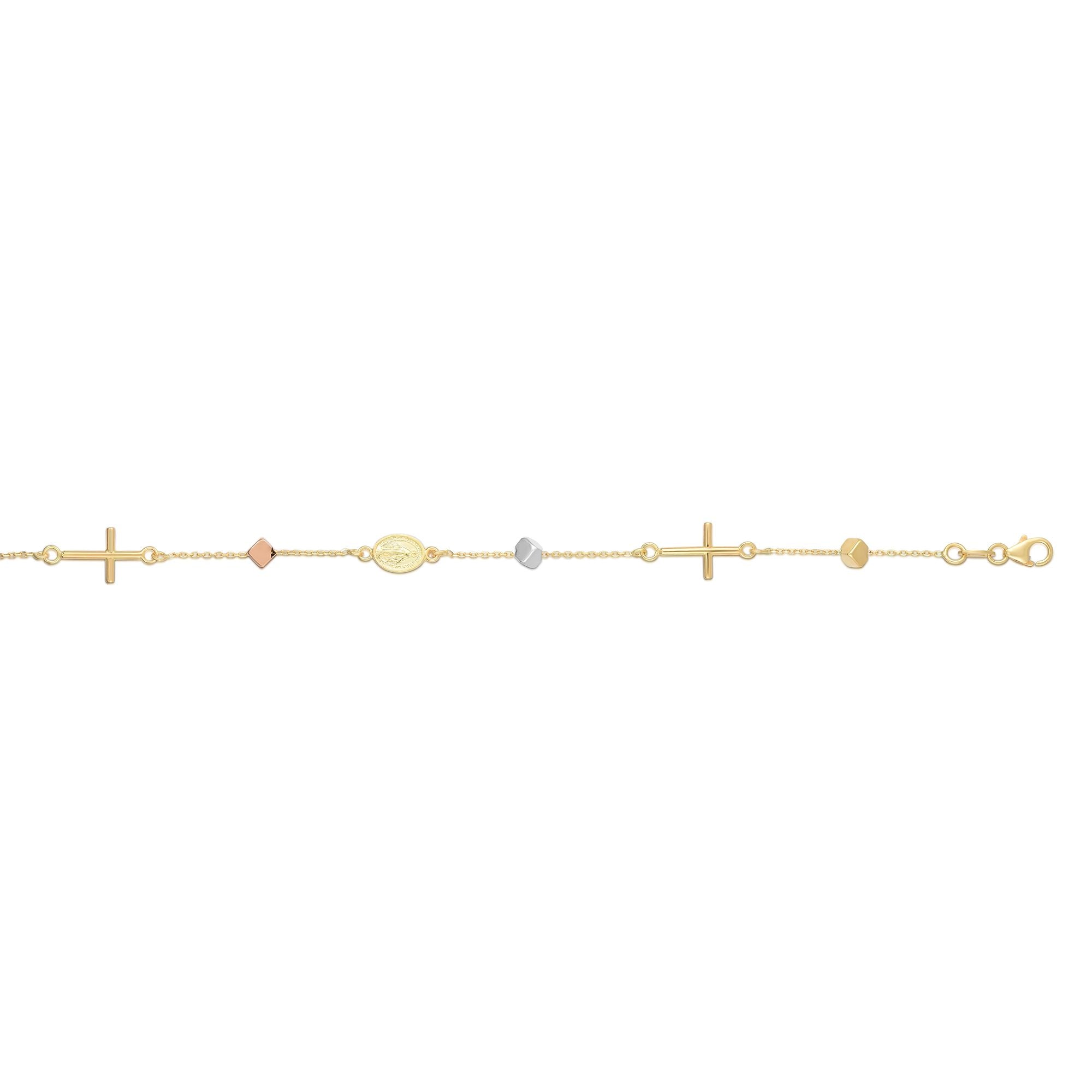 14K Tri-color Gold 7.5" Polished Cube & Cross Bracelet