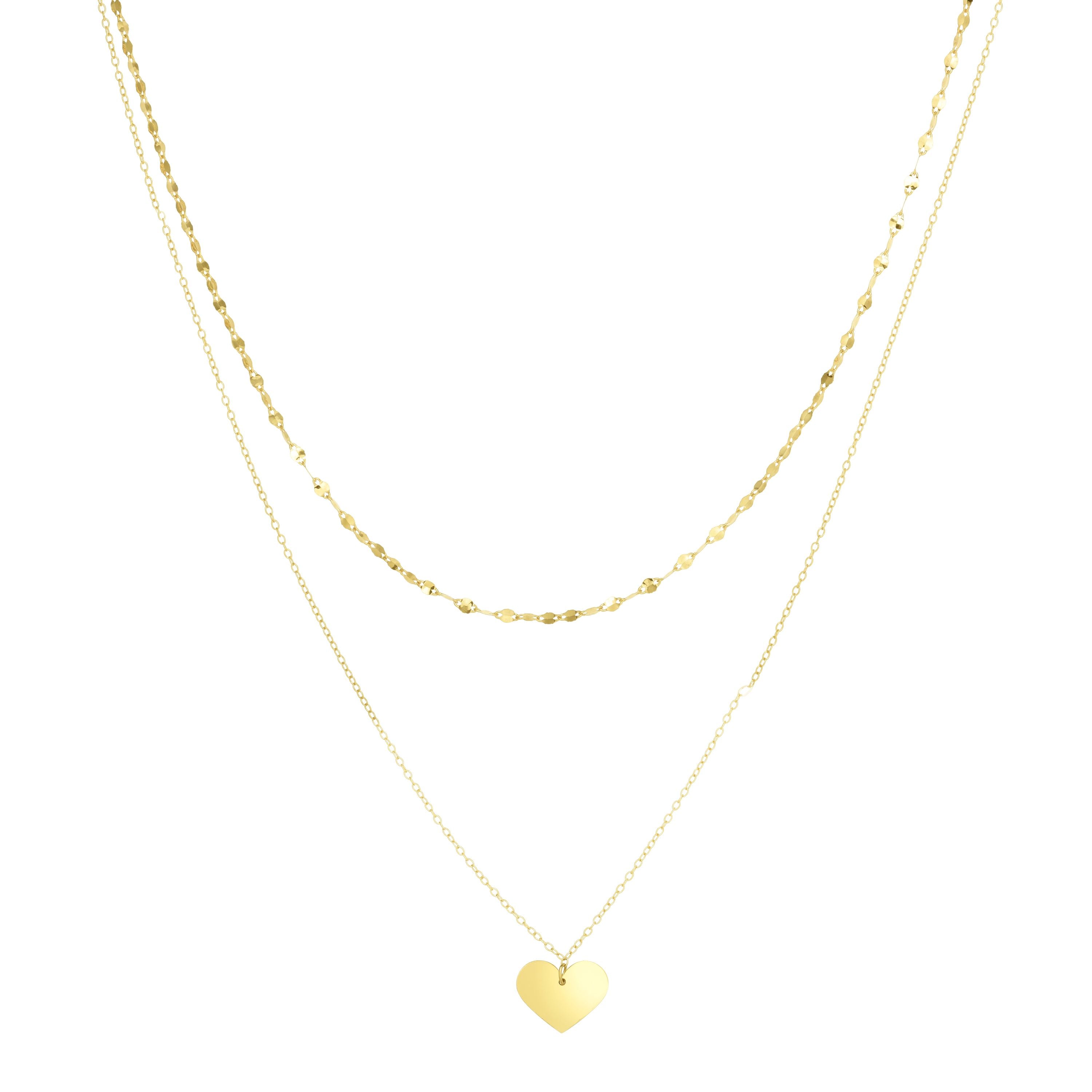 14K Yellow Gold 18" Polished Heart & Mirror Chain Multi-Strand Necklace