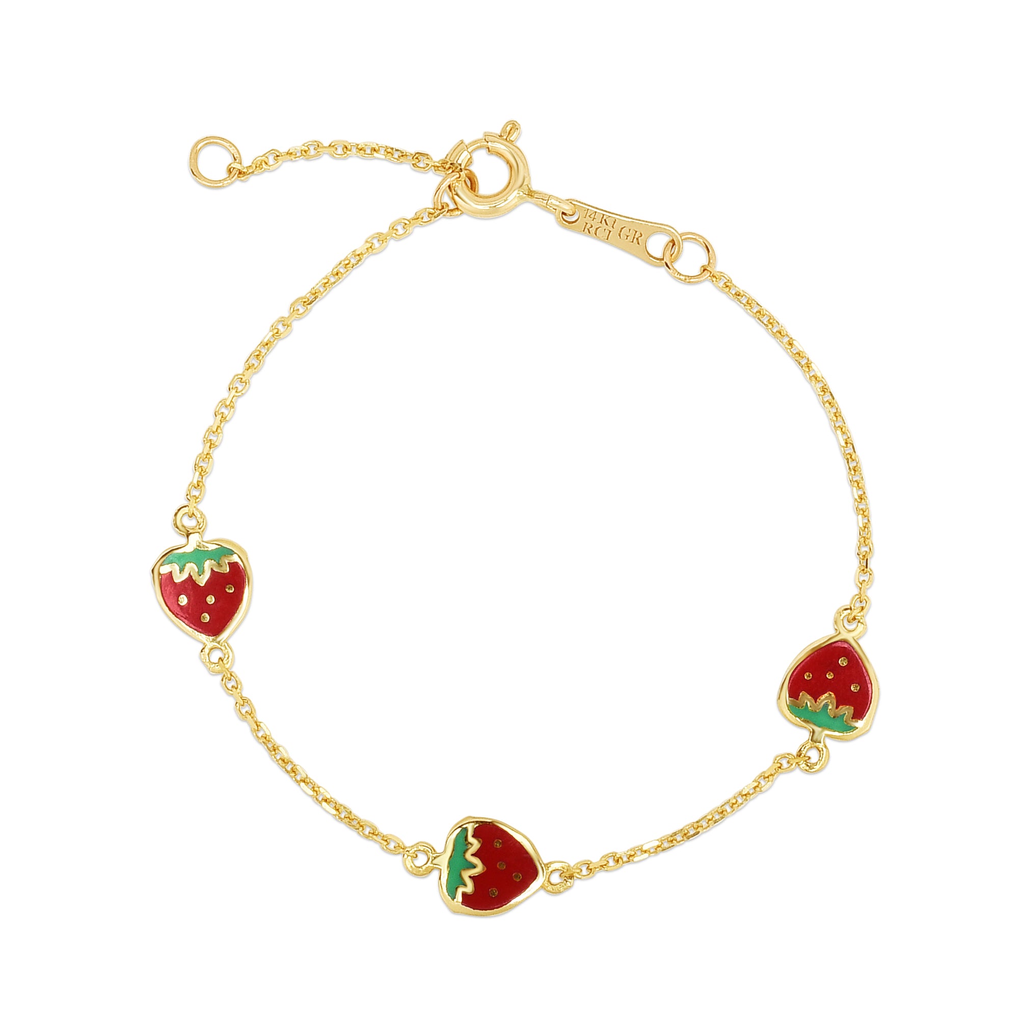 14K Yellow Gold 5.5"  Children's Enamle Strawberry Bracelet