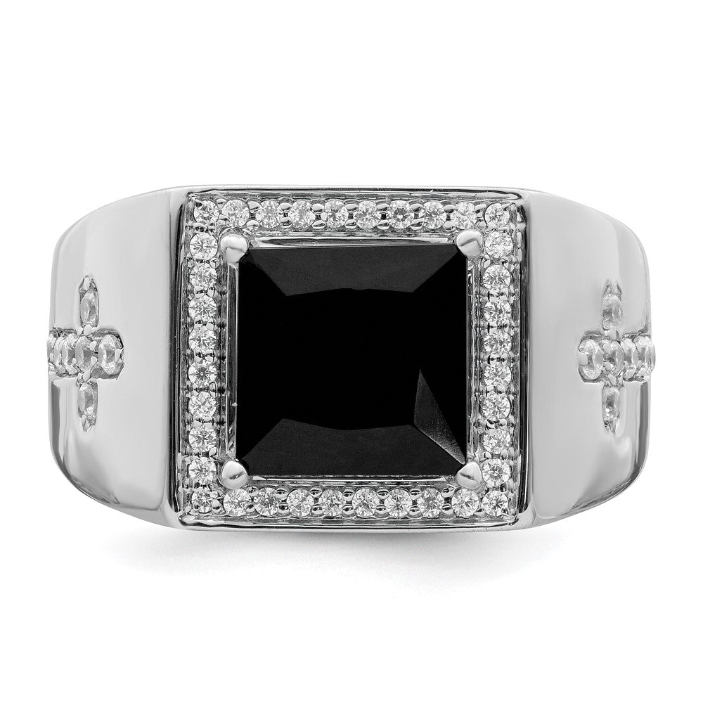 14K White Gold Lab Grown VS/SI FGH Dia and Onyx Side Crosses Men's Ring