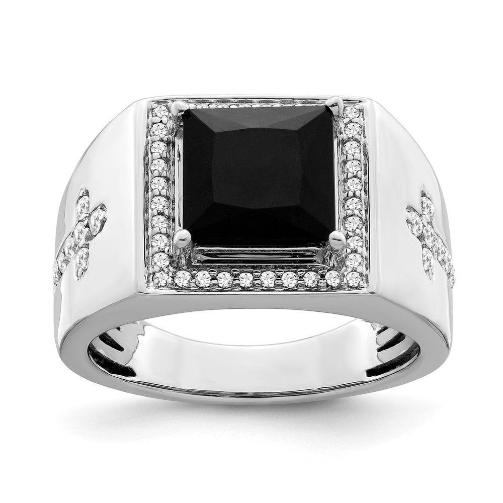 14K White Gold Lab Grown VS/SI FGH Dia and Onyx Side Crosses Men's Ring