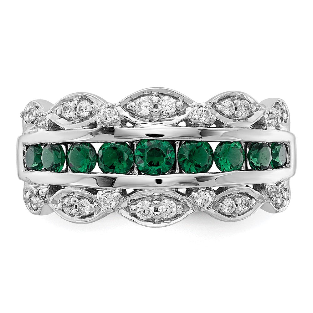 14K White Gold Lab Grown VS/SI FGH Dia and Created Emerald Fancy Ring