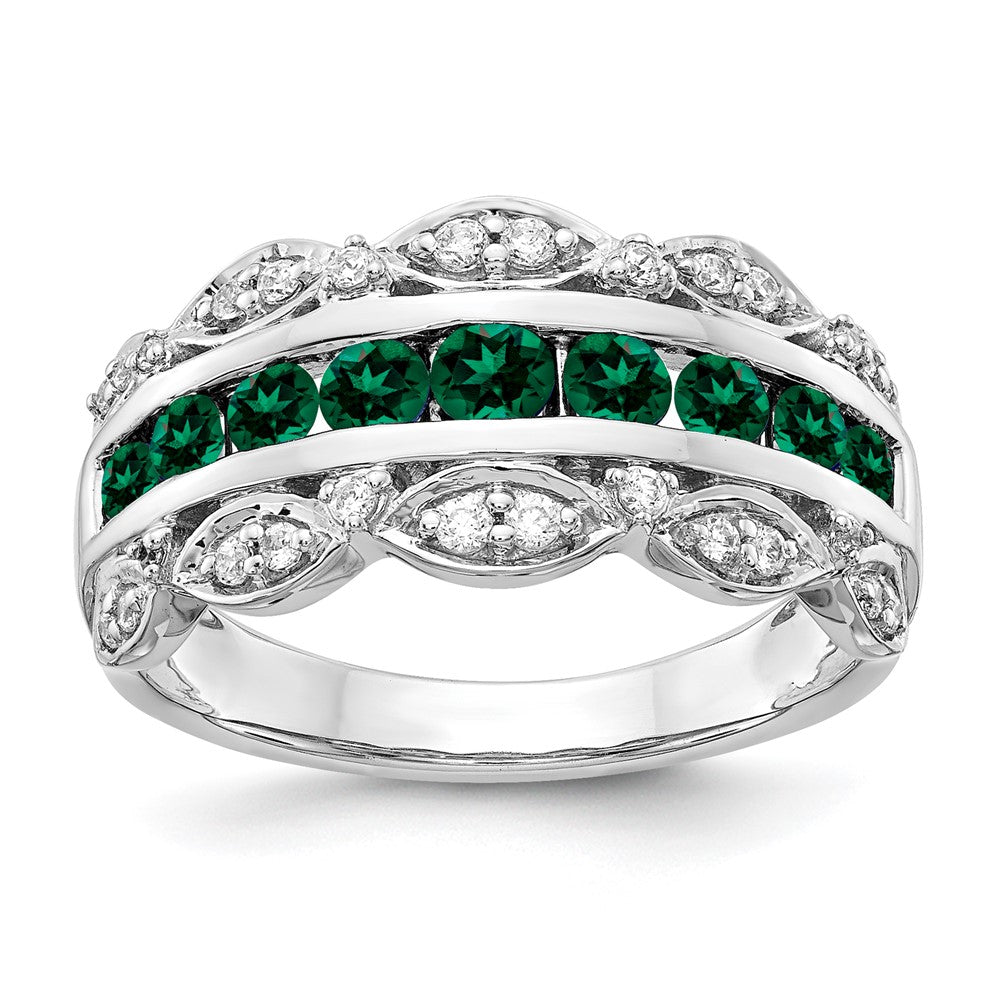 14K White Gold Lab Grown VS/SI FGH Dia and Created Emerald Fancy Ring