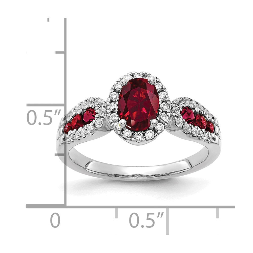 14K White Gold Lab Grown VS/SI FGH Dia and Oval Created Ruby Ring