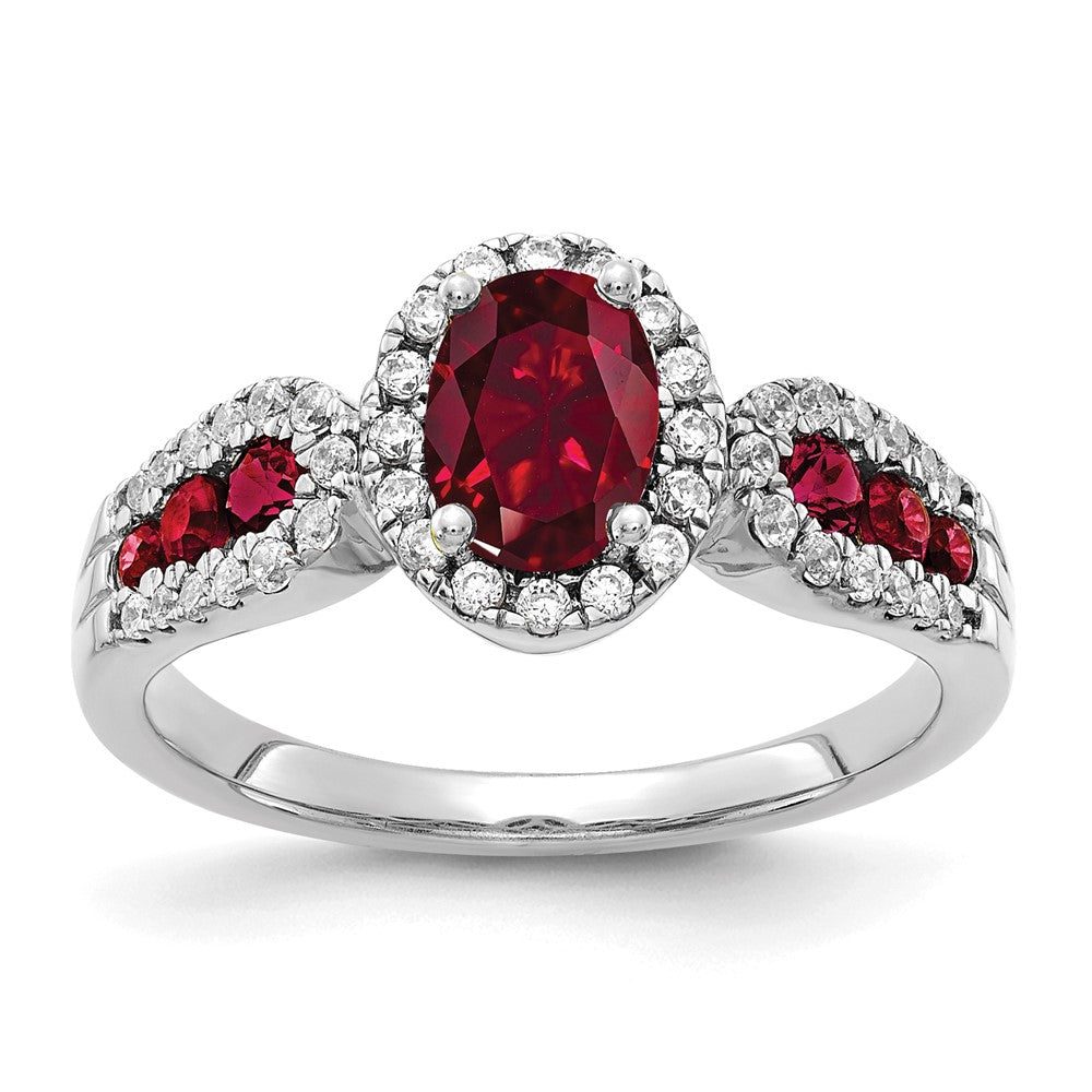 14K White Gold Lab Grown VS/SI FGH Dia and Oval Created Ruby Ring