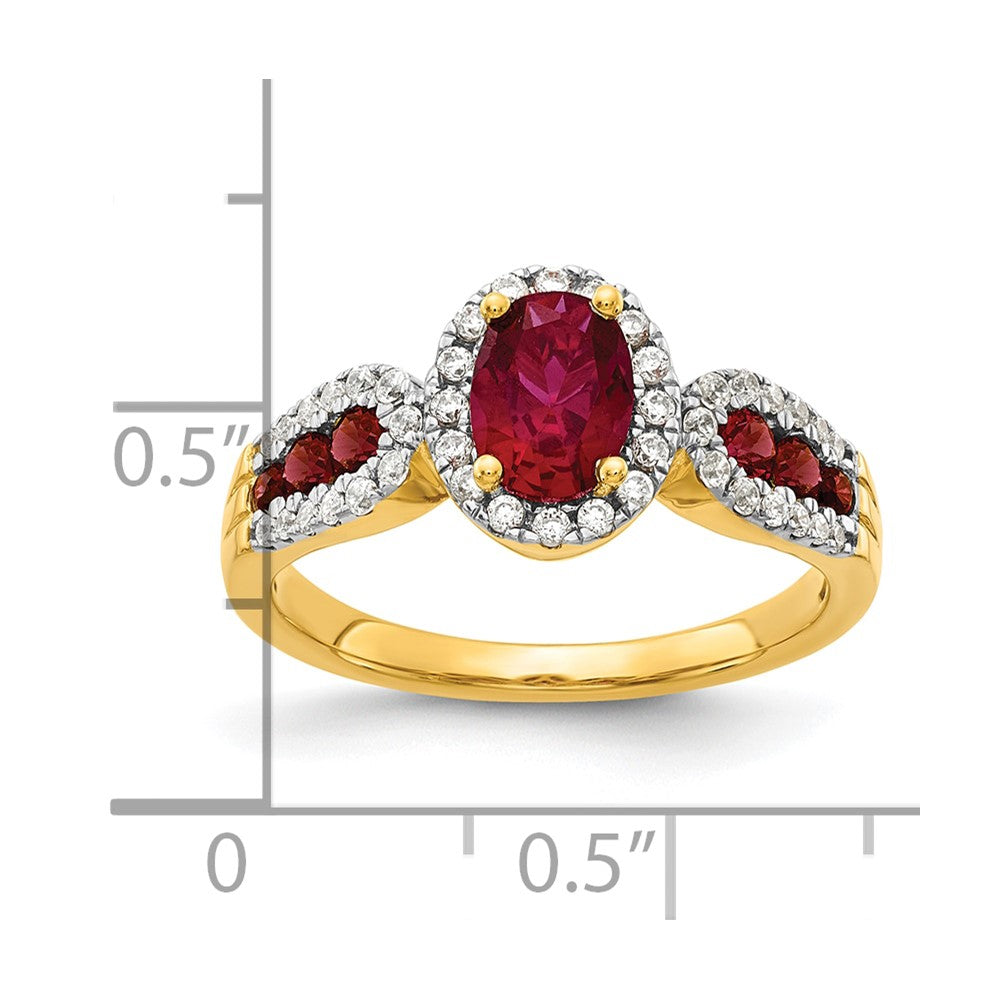 14K Lab Grown VS/SI FGH Dia and Oval Created Ruby Ring