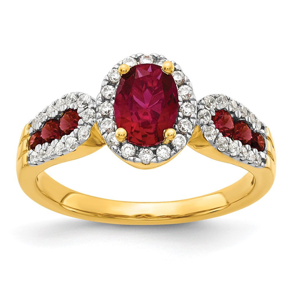 14K Lab Grown VS/SI FGH Dia and Oval Created Ruby Ring