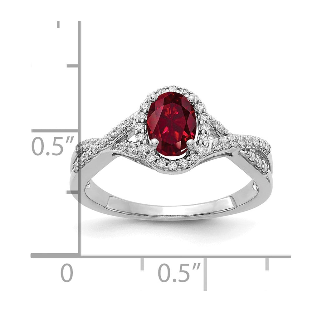 14K White Gold Lab Grown VS/SI FGH Dia and Created Ruby Oval Halo Ring