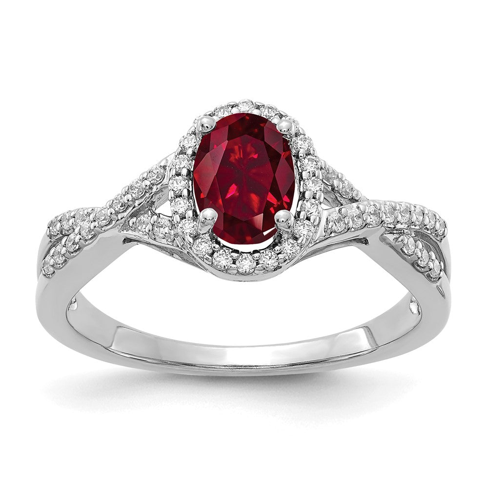 14K White Gold Lab Grown VS/SI FGH Dia and Created Ruby Oval Halo Ring