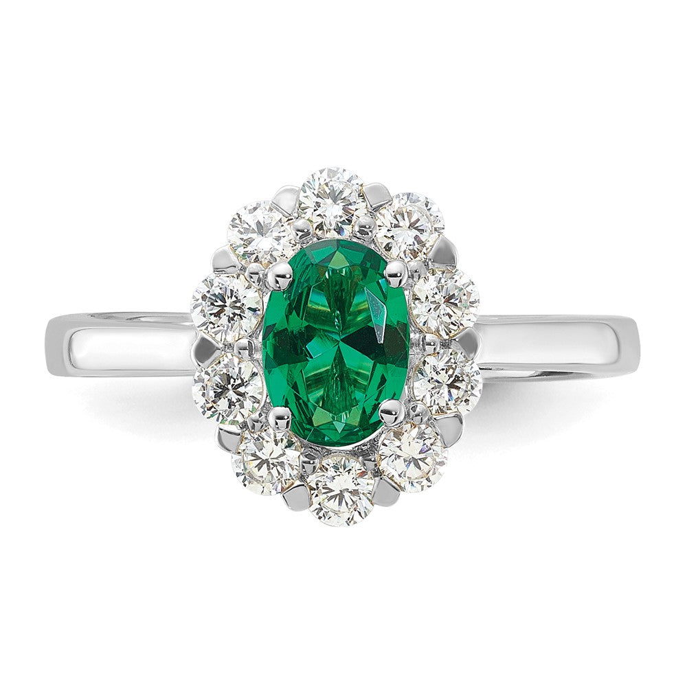 14K White Gold Lab Grown VS/SI FGH Dia & Cr. Oval Emerald Fashion Ring