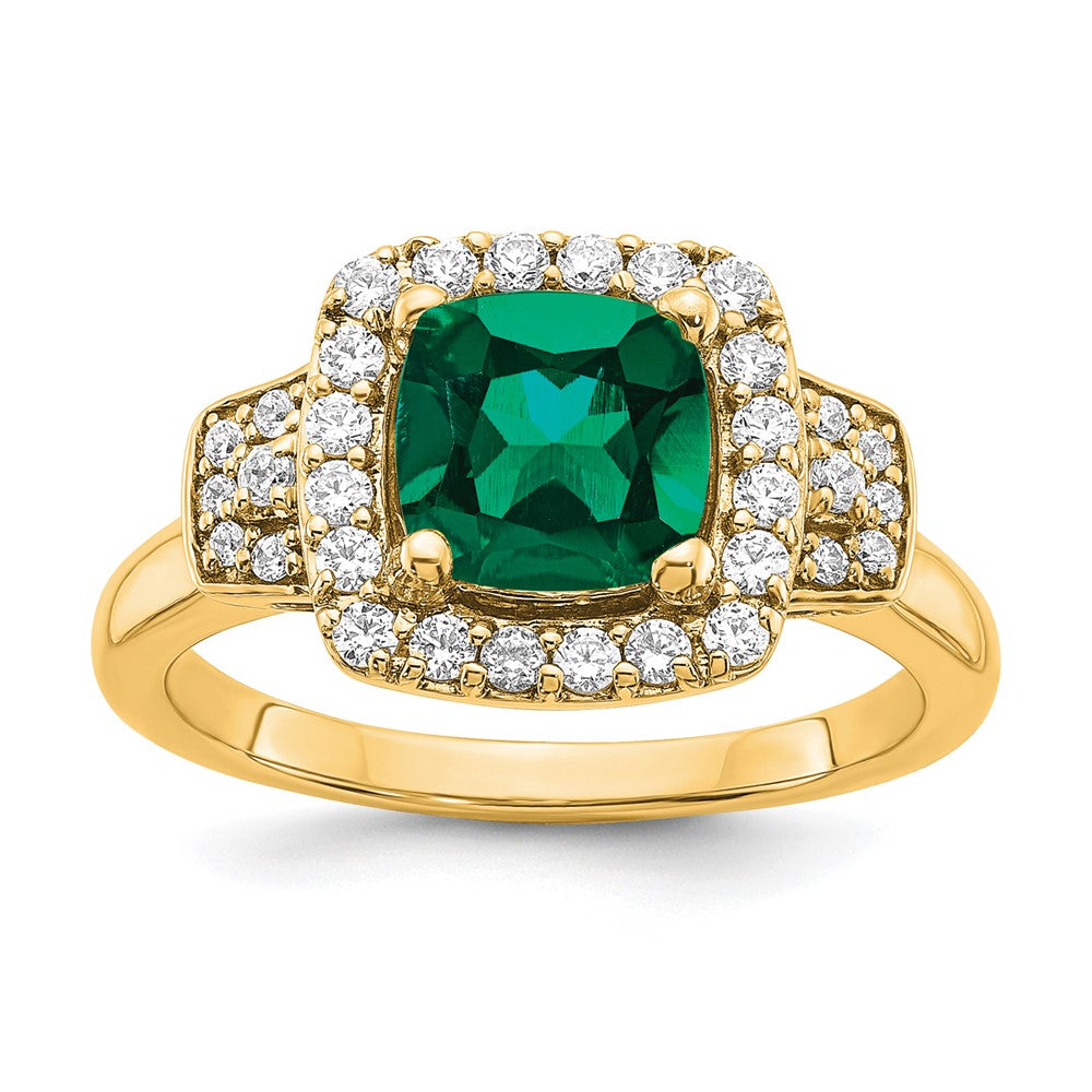 14K Lab Grown Dia. VS/SI FGH Lab Created Emerald Halo Ring