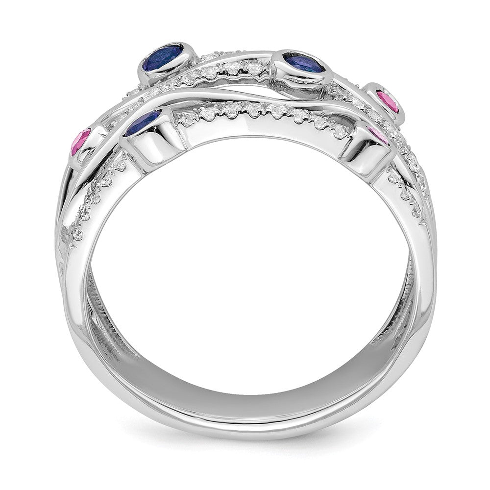 14K White Gold Lab Grown Diamond and Lab Created Blue and Pink Sapphire Wavy Ring