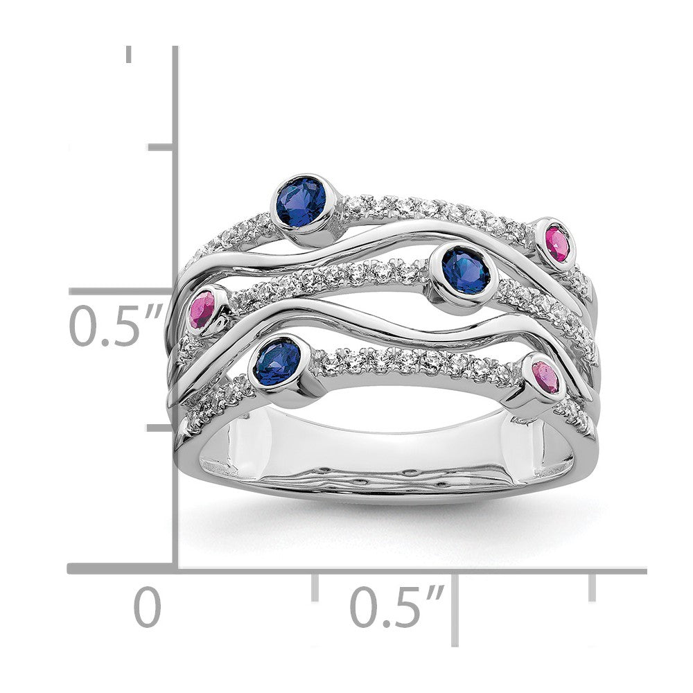 14K White Gold Lab Grown Diamond and Lab Created Blue and Pink Sapphire Wavy Ring