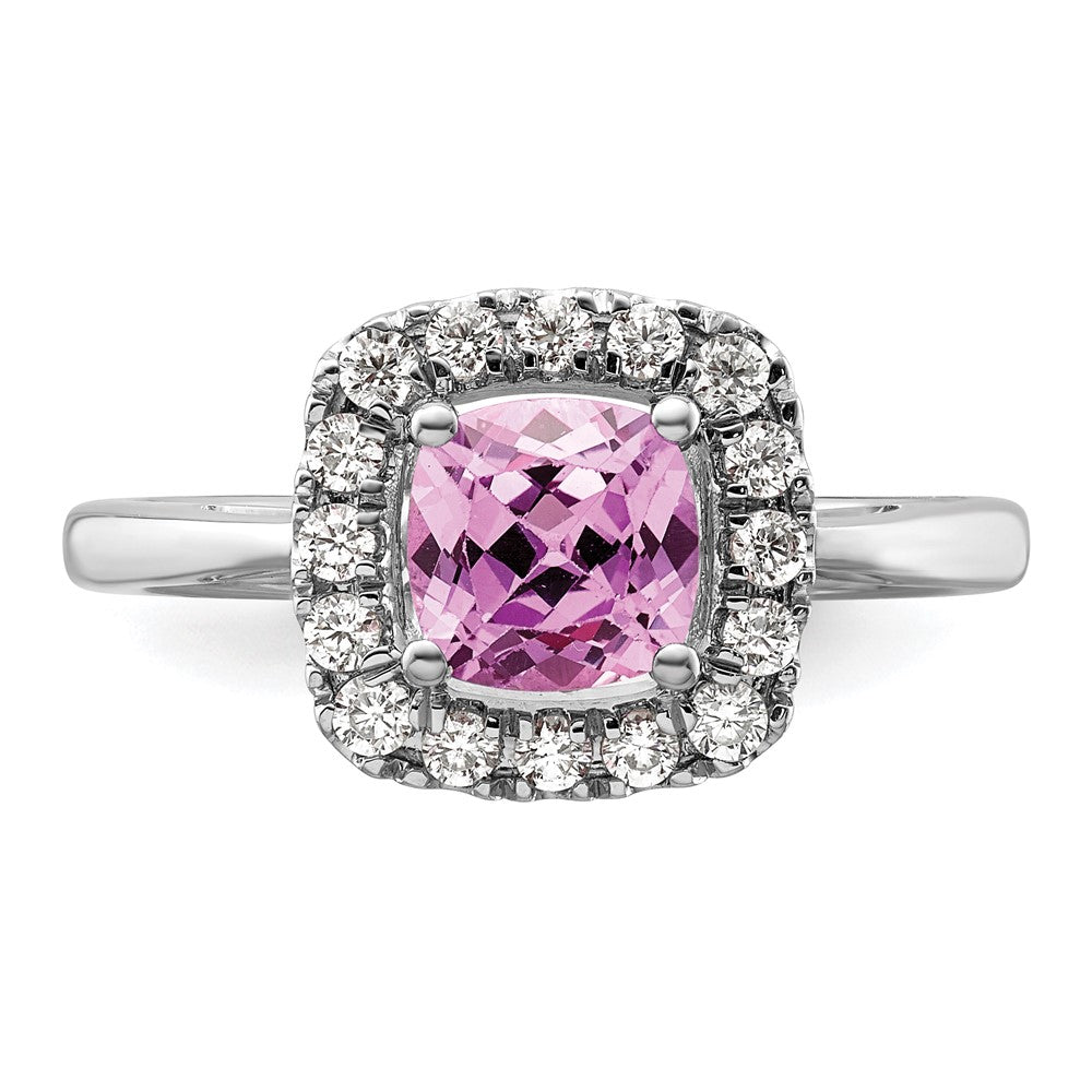 14K White Gold Lab Grown VS/SI FGH Dia and Created Pink Sapphire Halo Ring