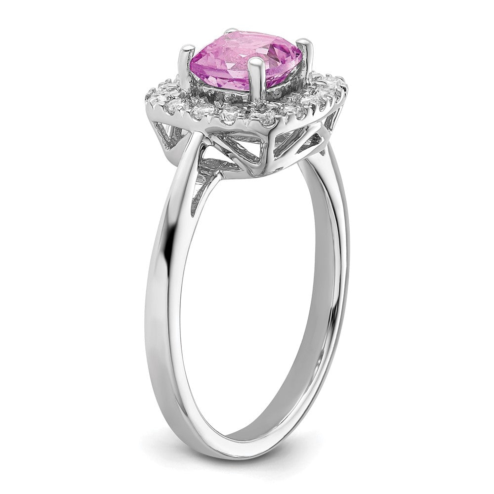 14K White Gold Lab Grown VS/SI FGH Dia and Created Pink Sapphire Halo Ring