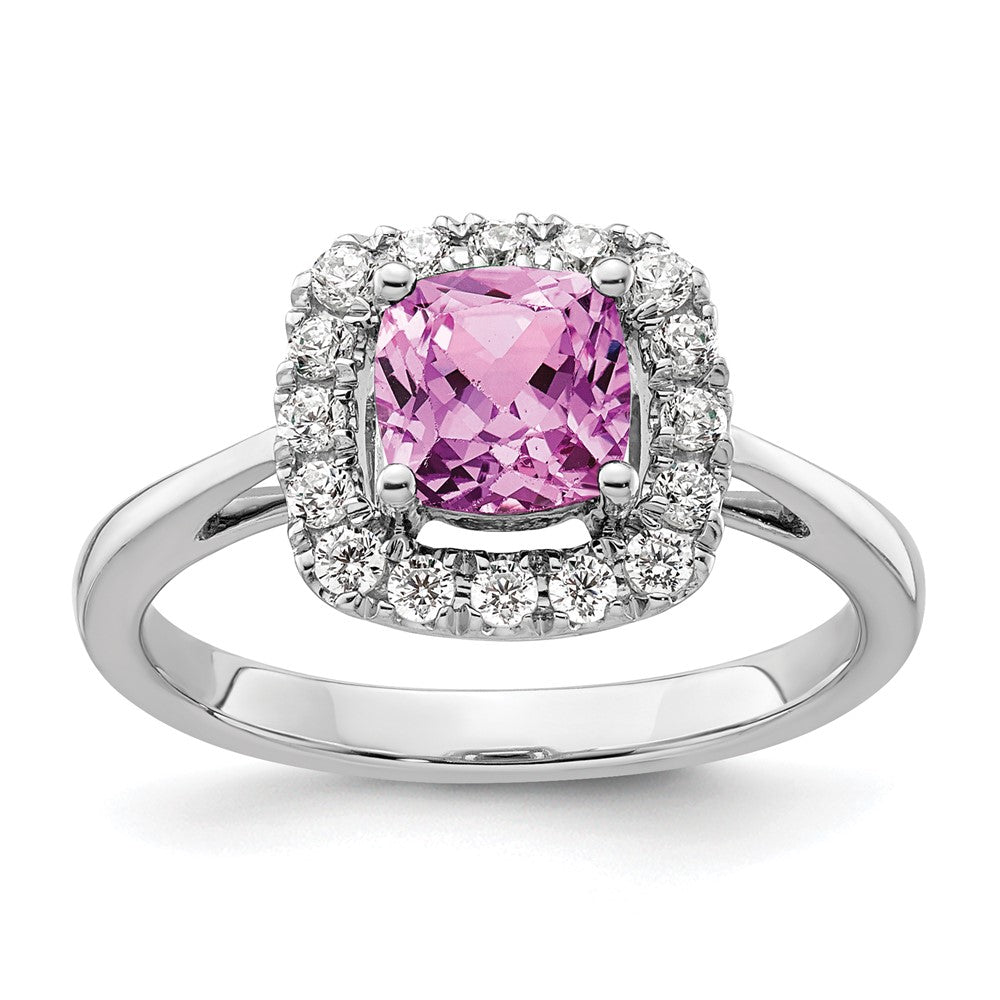 14K White Gold Lab Grown VS/SI FGH Dia and Created Pink Sapphire Halo Ring