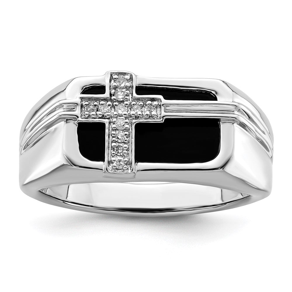 14K White Gold Lab Grown VS/SI FGH Dia Black Onyx Cross Men's Ring