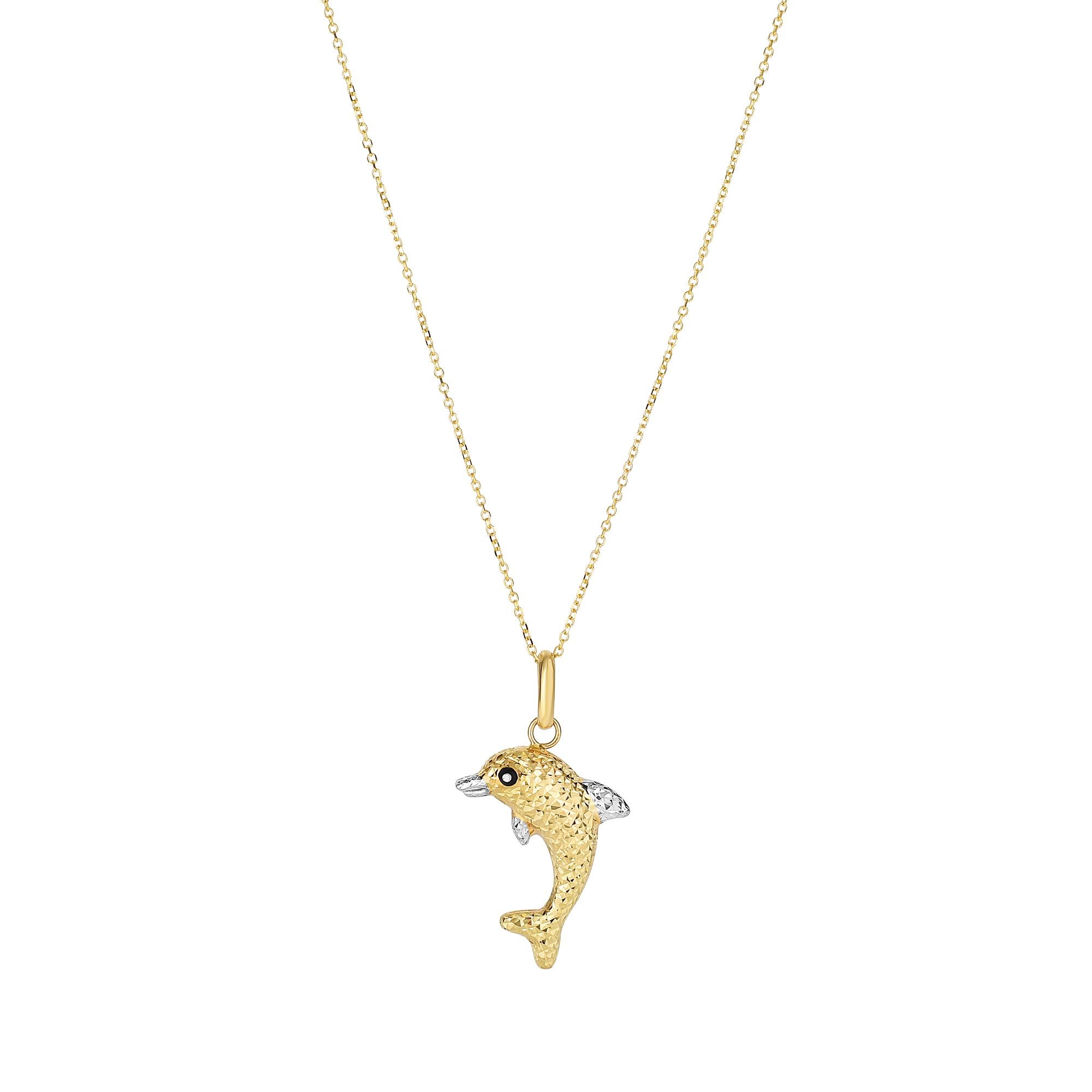 14K Yellow & White Gold 18" Diamond Cut Dolphin Necklace