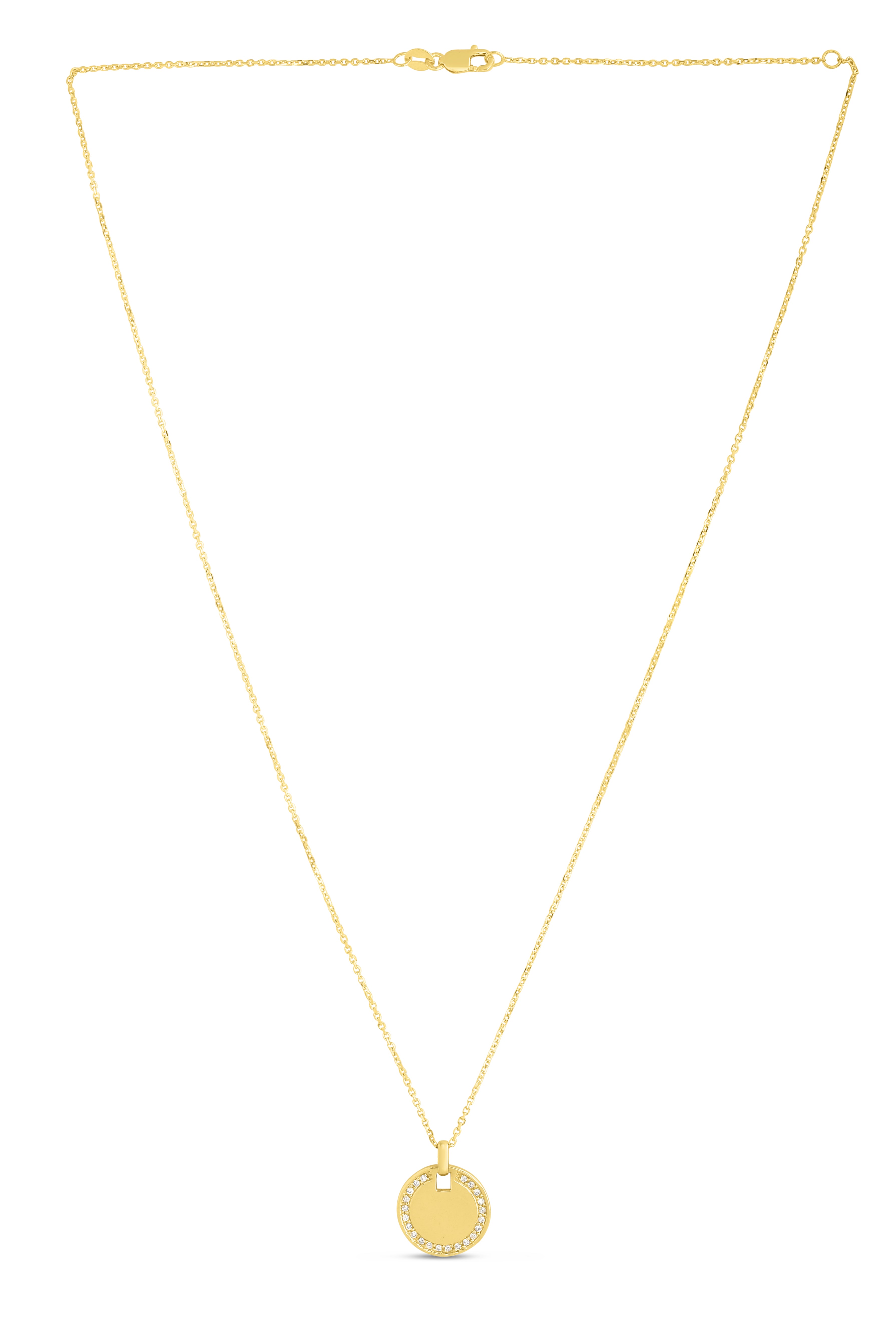 14K Yellow Gold .10ct Diamond Round Disc Tag 18" Necklace with Lobster Clasp. 