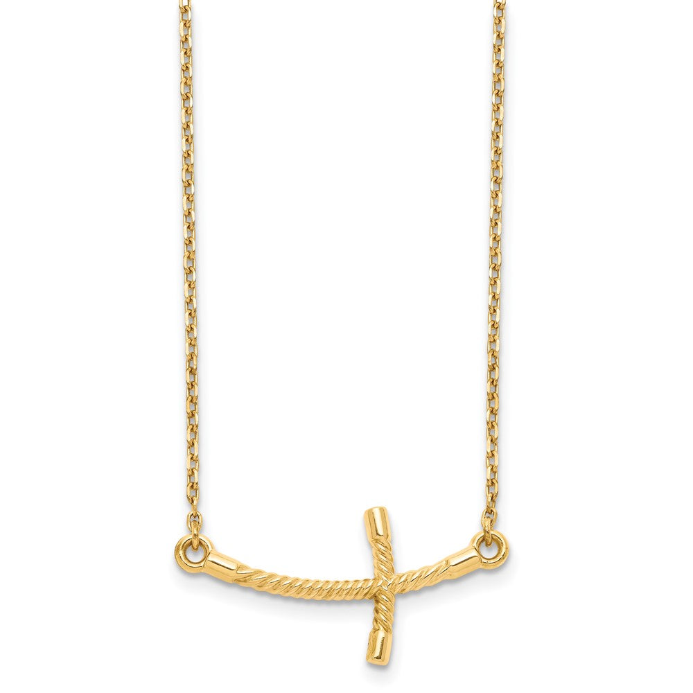 14k Large Sideways Curved Twist Cross Necklace