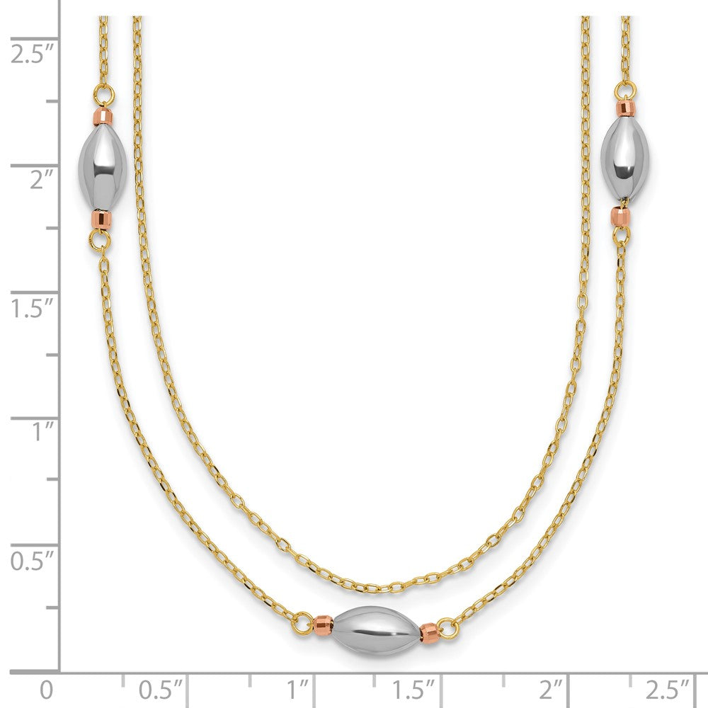 14K Tri Color 2 Strand w/Puff Beads w/2 IN Ext Necklace