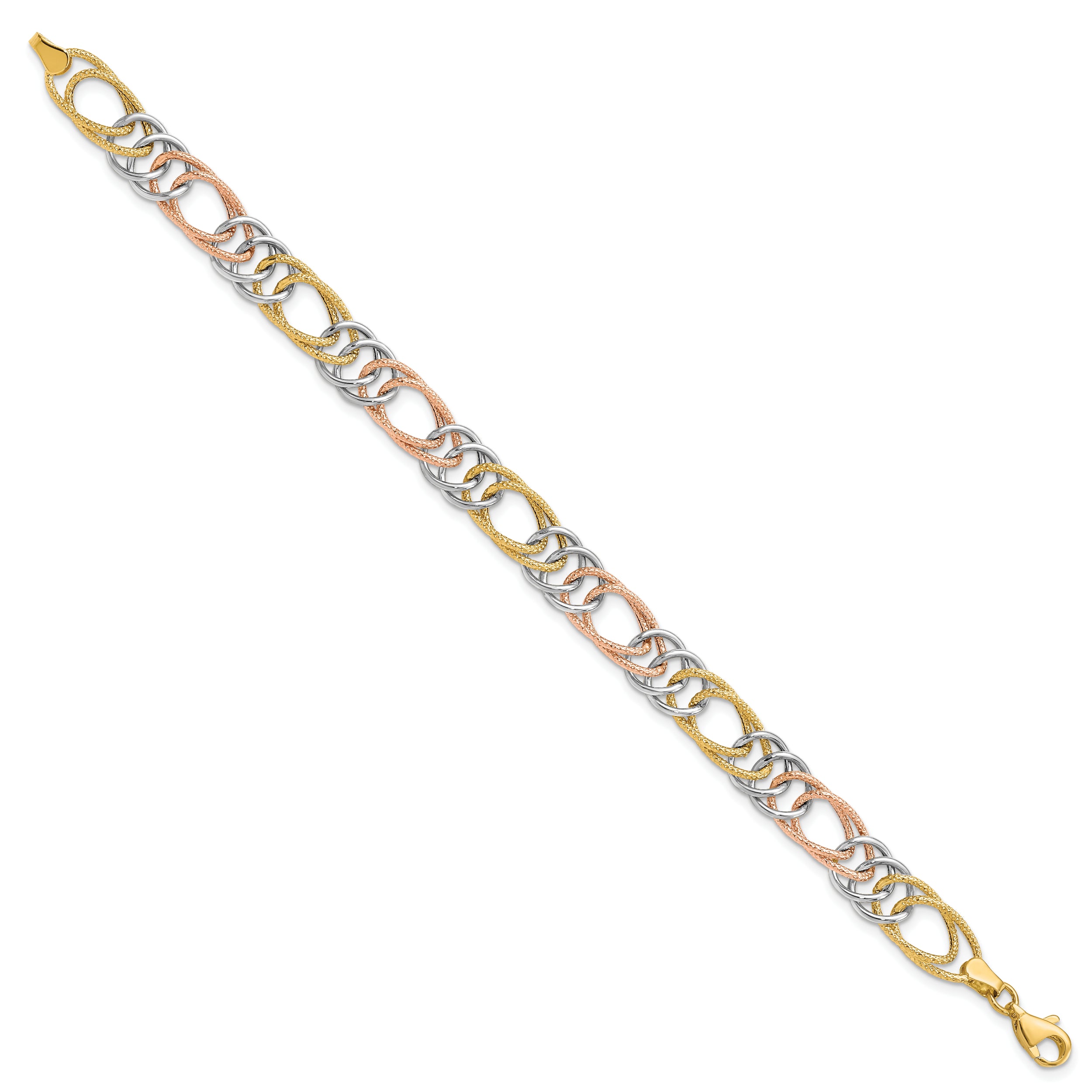 14k Tri-Color Polished/Textured Fancy Double Link Bracelet