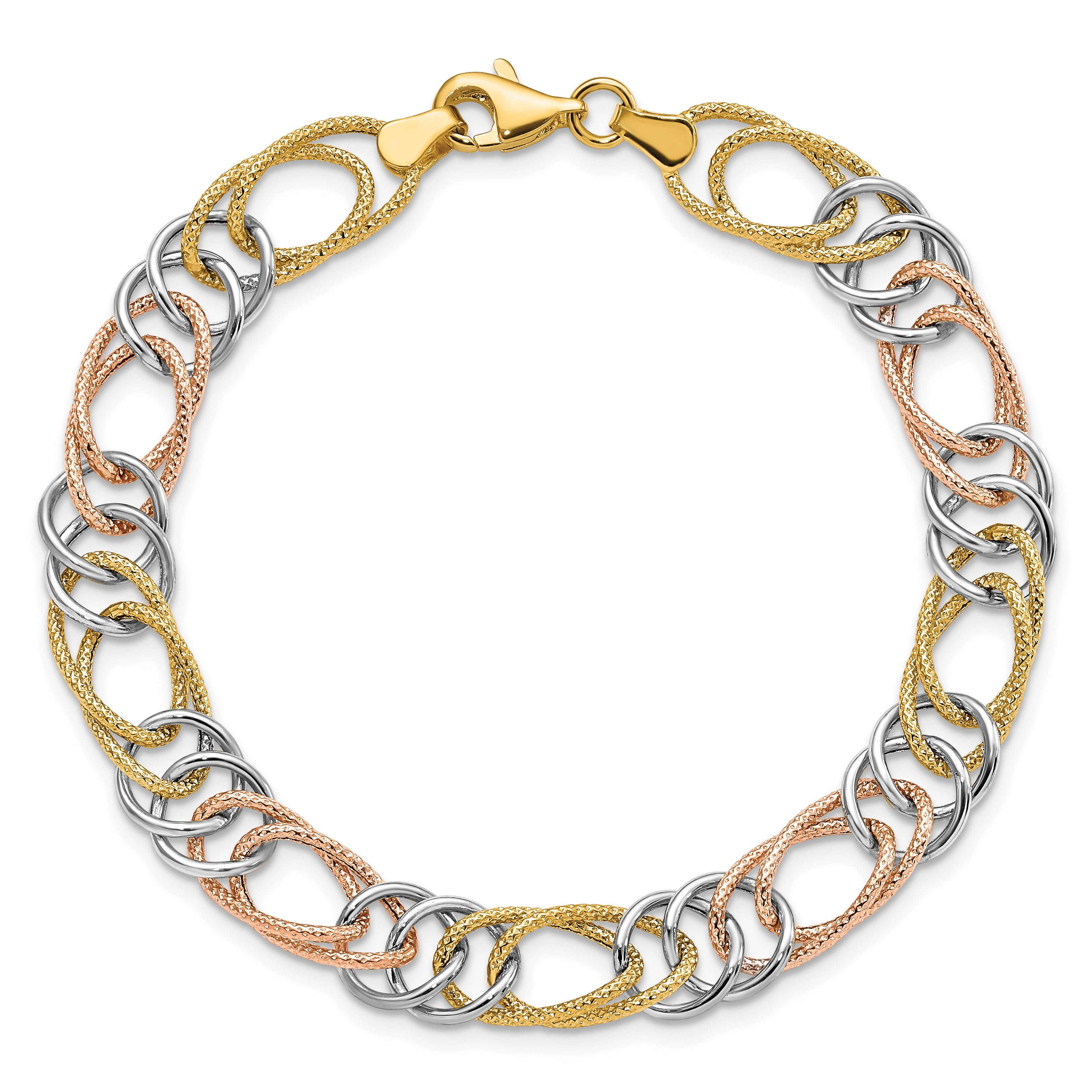 14k Tri-Color Polished/Textured Fancy Double Link Bracelet