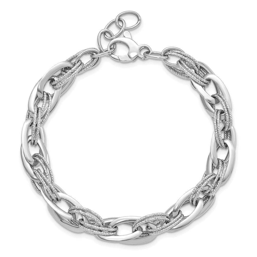 14k White Gold Polished and Textured Fancy Link 8in Bracelet