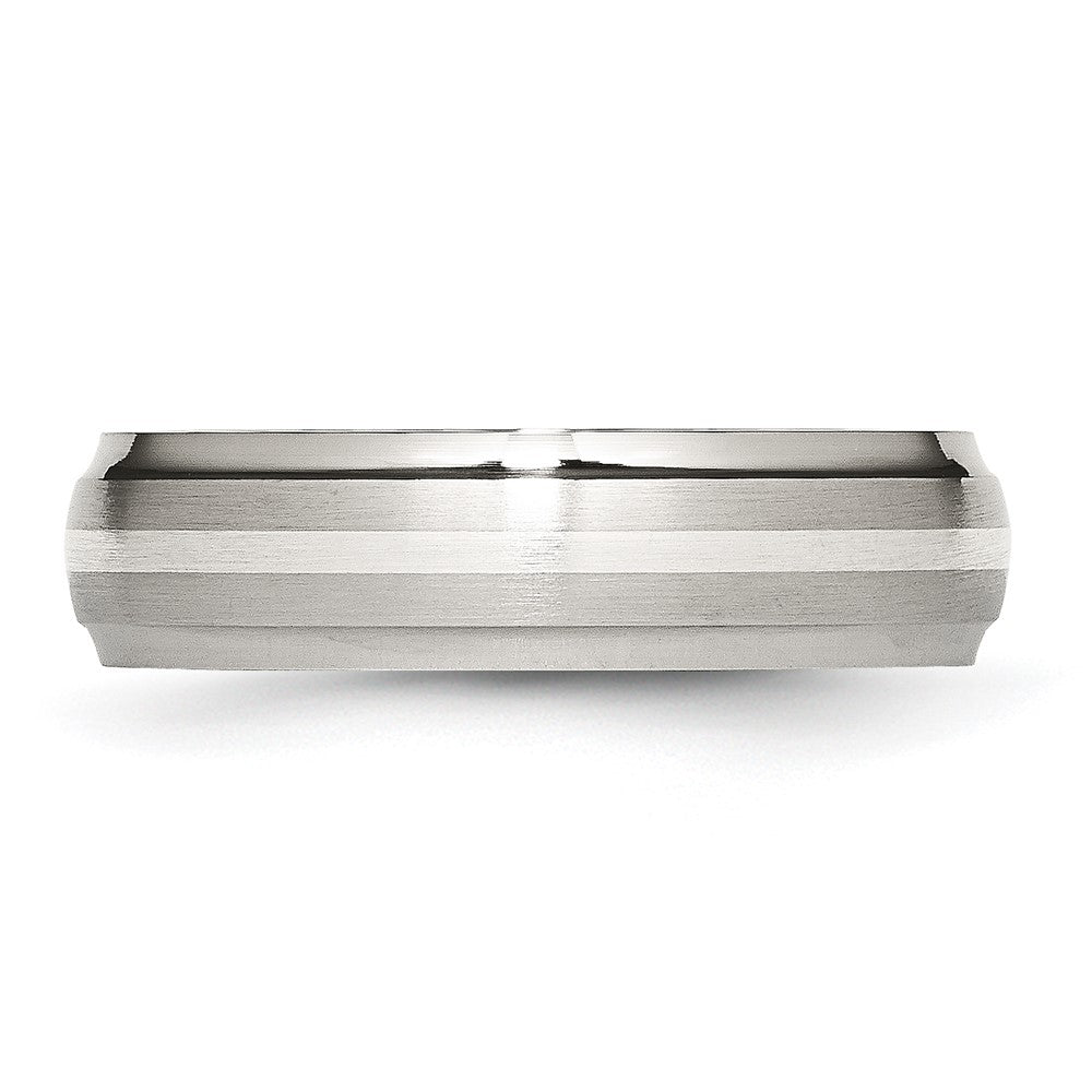 Stainless Steel Sterling Silver Inlay Ridged Edge Brushed and Polished Band