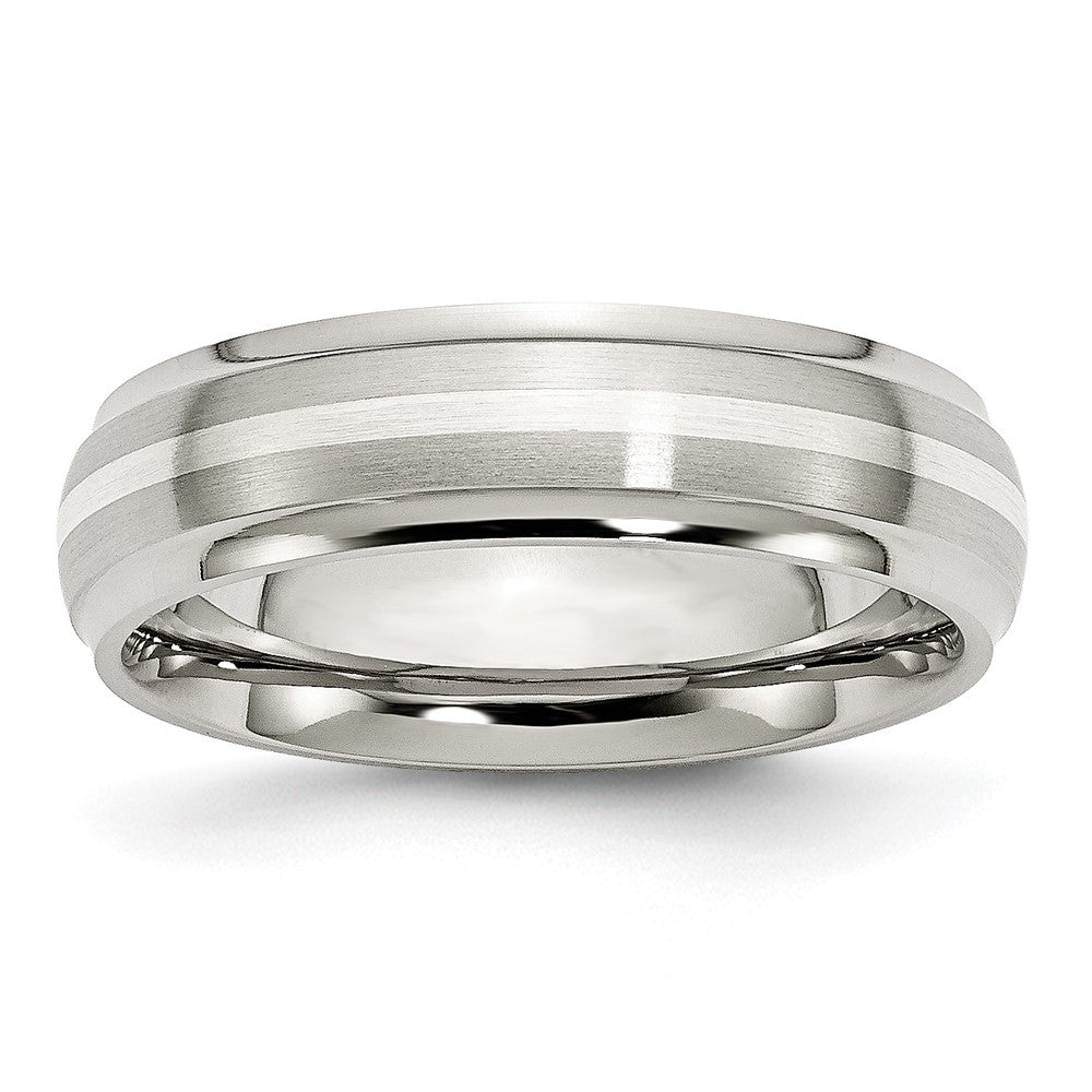 Stainless Steel Sterling Silver Inlay Ridged Edge Brushed and Polished Band