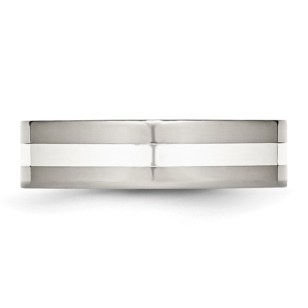 Stainless Steel w/Sterling Silver Inlay Polished 6mm Flat Band