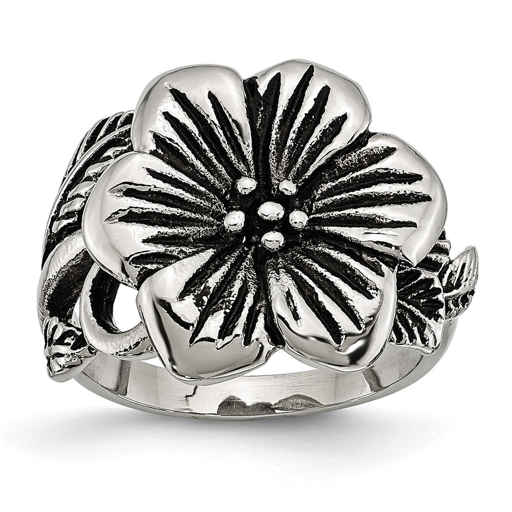 Stainless Steel Antique Finish Flower Ring