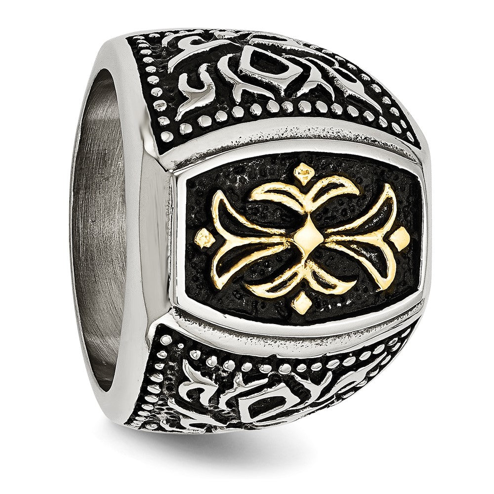 Stainless Steel Antiqued Polished & Textured Yellow IP-plated Cross Ring