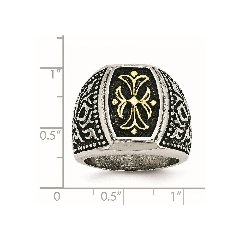 Stainless Steel Antiqued Polished & Textured Yellow IP-plated Cross Ring