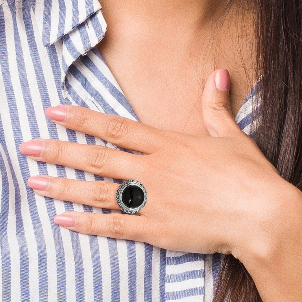 Stainless Steel Black Glass w/Textured Edge Size 9 Ring