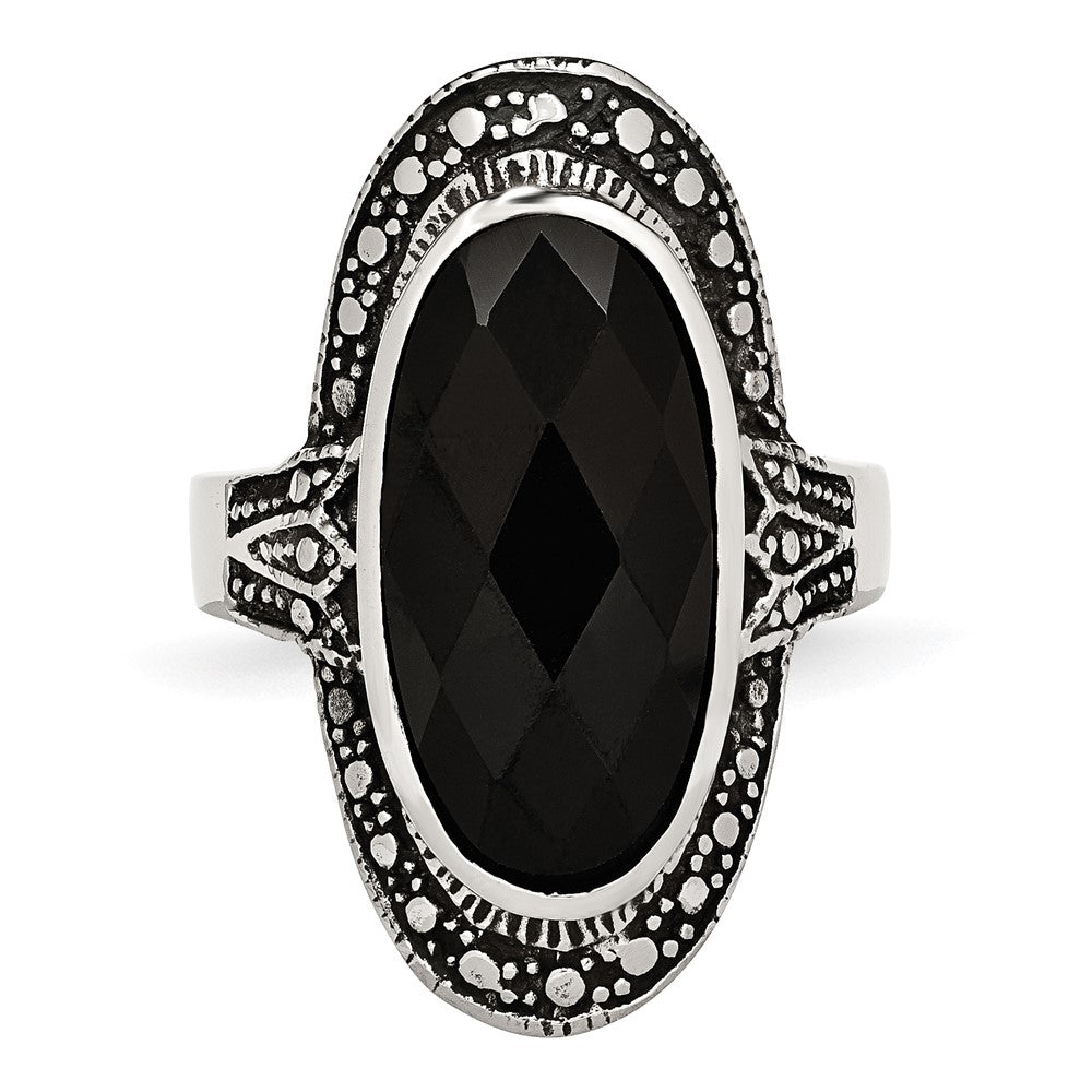 Stainless Steel Black Glass Antiqued Ring