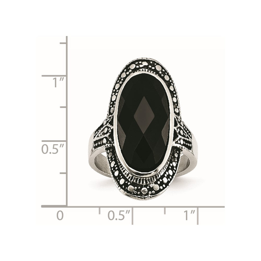 Stainless Steel Black Glass Antiqued Ring