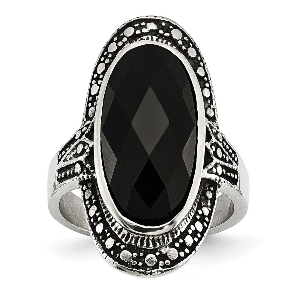 Stainless Steel Black Glass Antiqued Ring