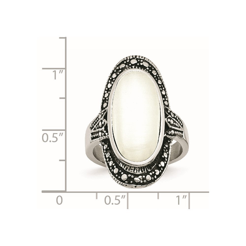 Stainless Steel Antiqued & White Cat's Eye Ring