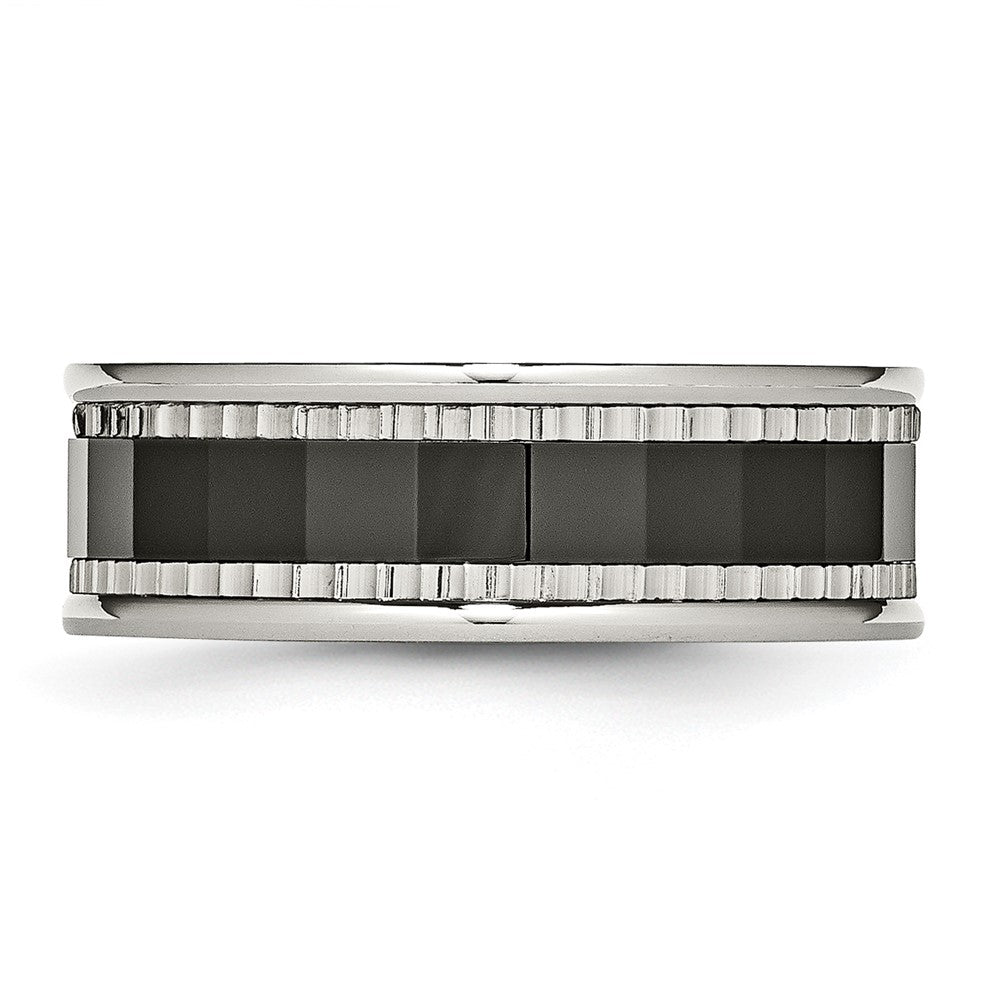 Stainless Steel w/Sawtooth Accent/Black Ceramic Center Faceted Band