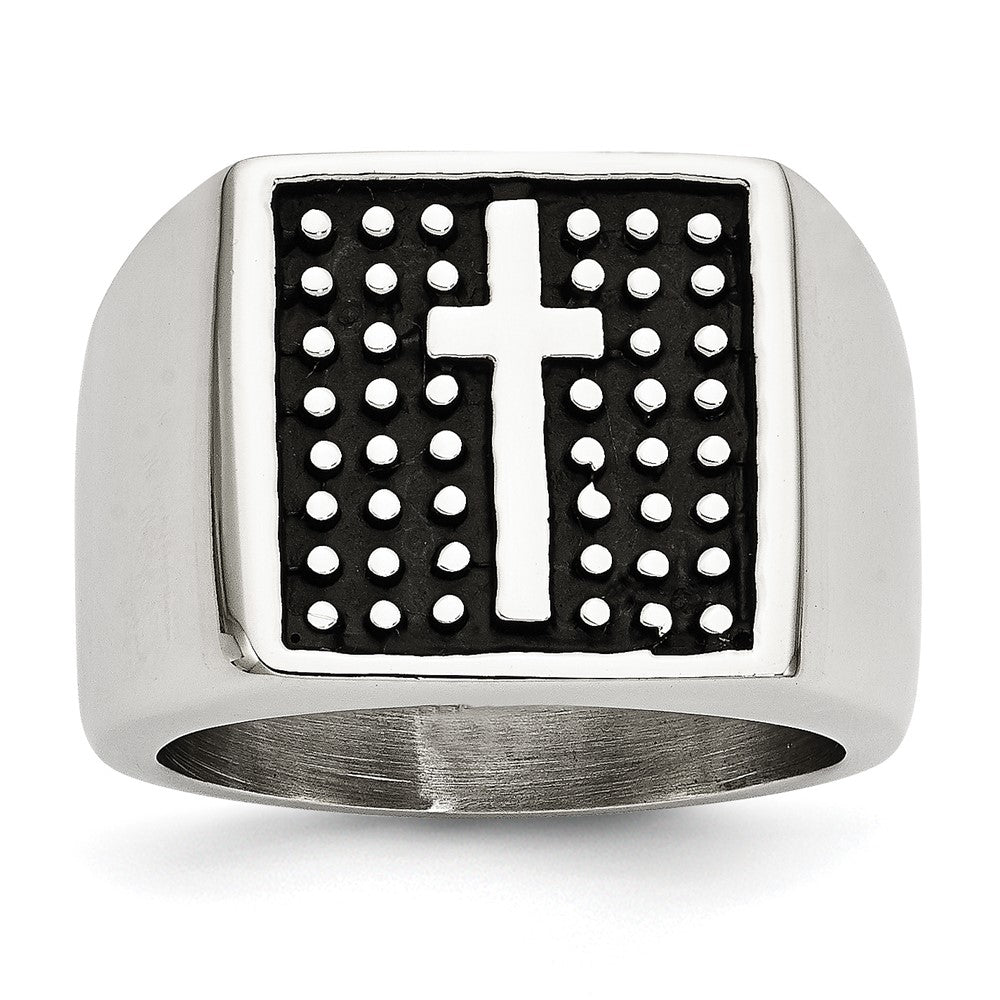 Stainless Steel Antiqued Polished & Textured Cross Signet Ring