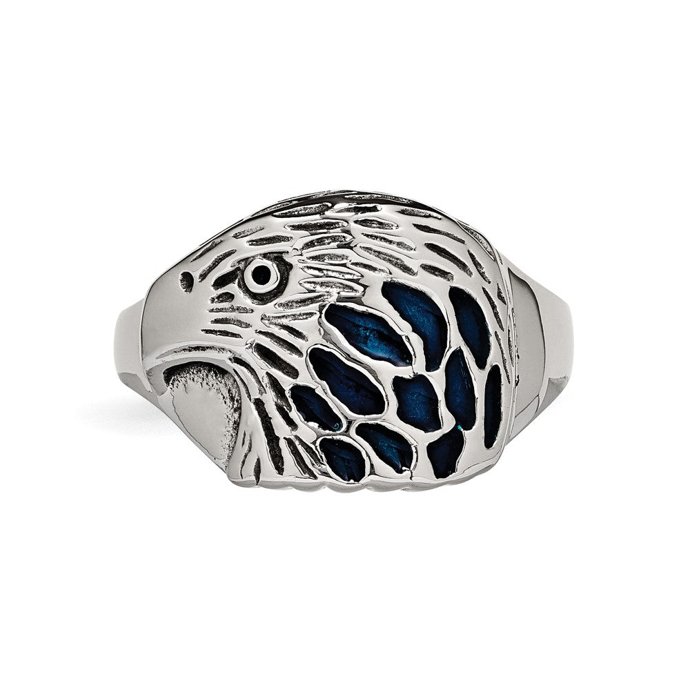 Chisel Stainless Steel Polished and Textured Blue Enamel Eagle Ring