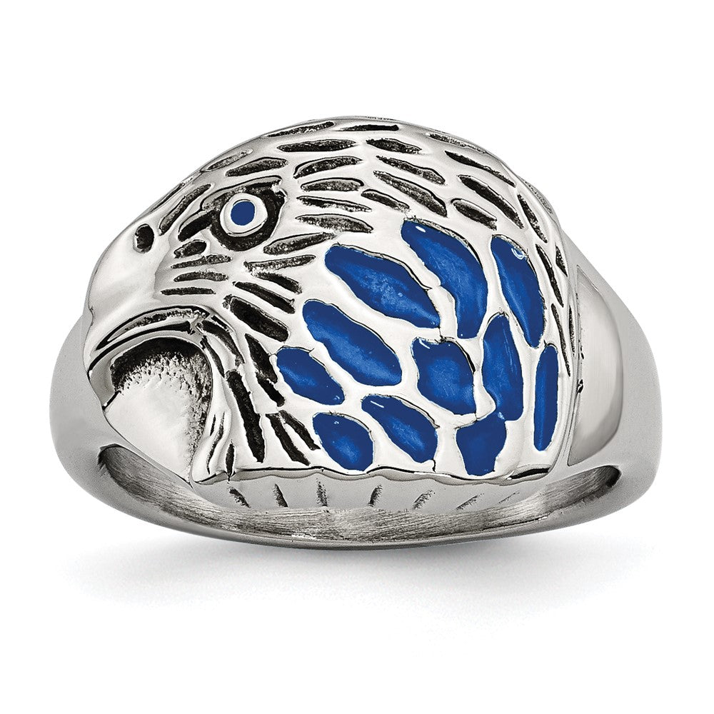 Chisel Stainless Steel Polished and Textured Blue Enamel Eagle Ring