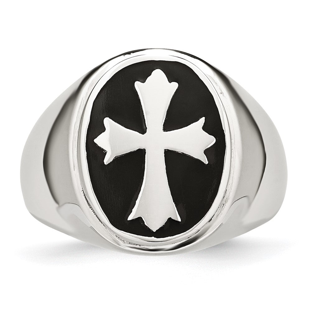 Chisel Stainless Steel Polished Black Enameled Cross Ring