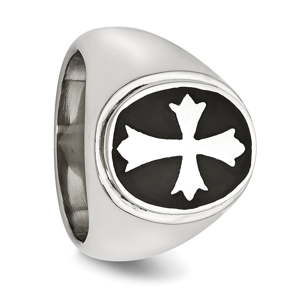 Chisel Stainless Steel Polished Black Enameled Cross Ring