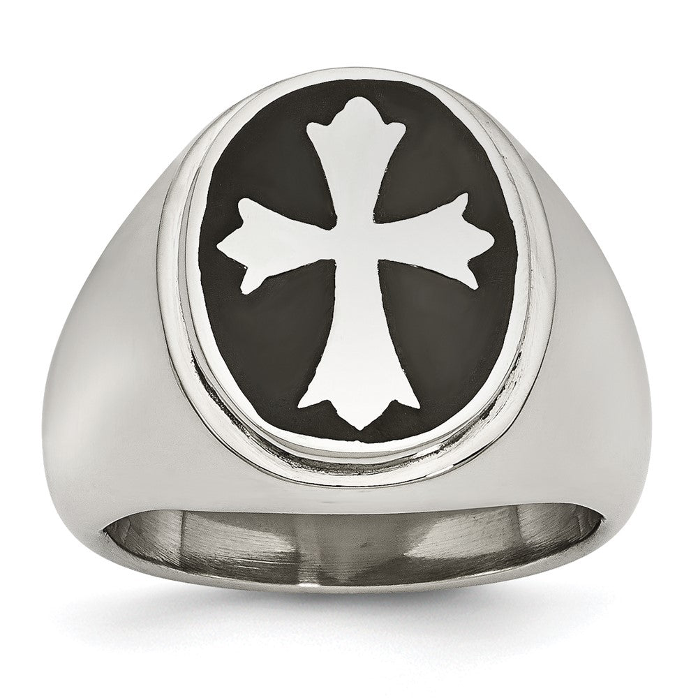 Chisel Stainless Steel Polished Black Enameled Cross Ring