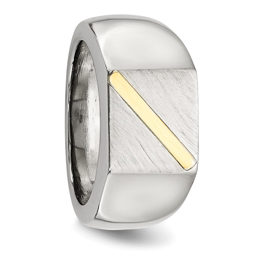 Chisel Stainless Steel Brushed and Polished with 14K Gold Stripe Signet Ring