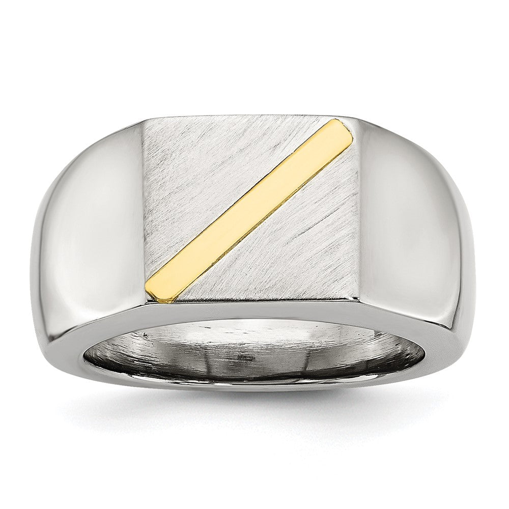 Chisel Stainless Steel Brushed and Polished with 14K Gold Stripe Signet Ring