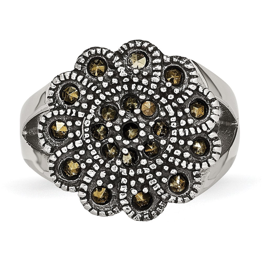 Stainless Steel Textured Flower Marcasite Ring