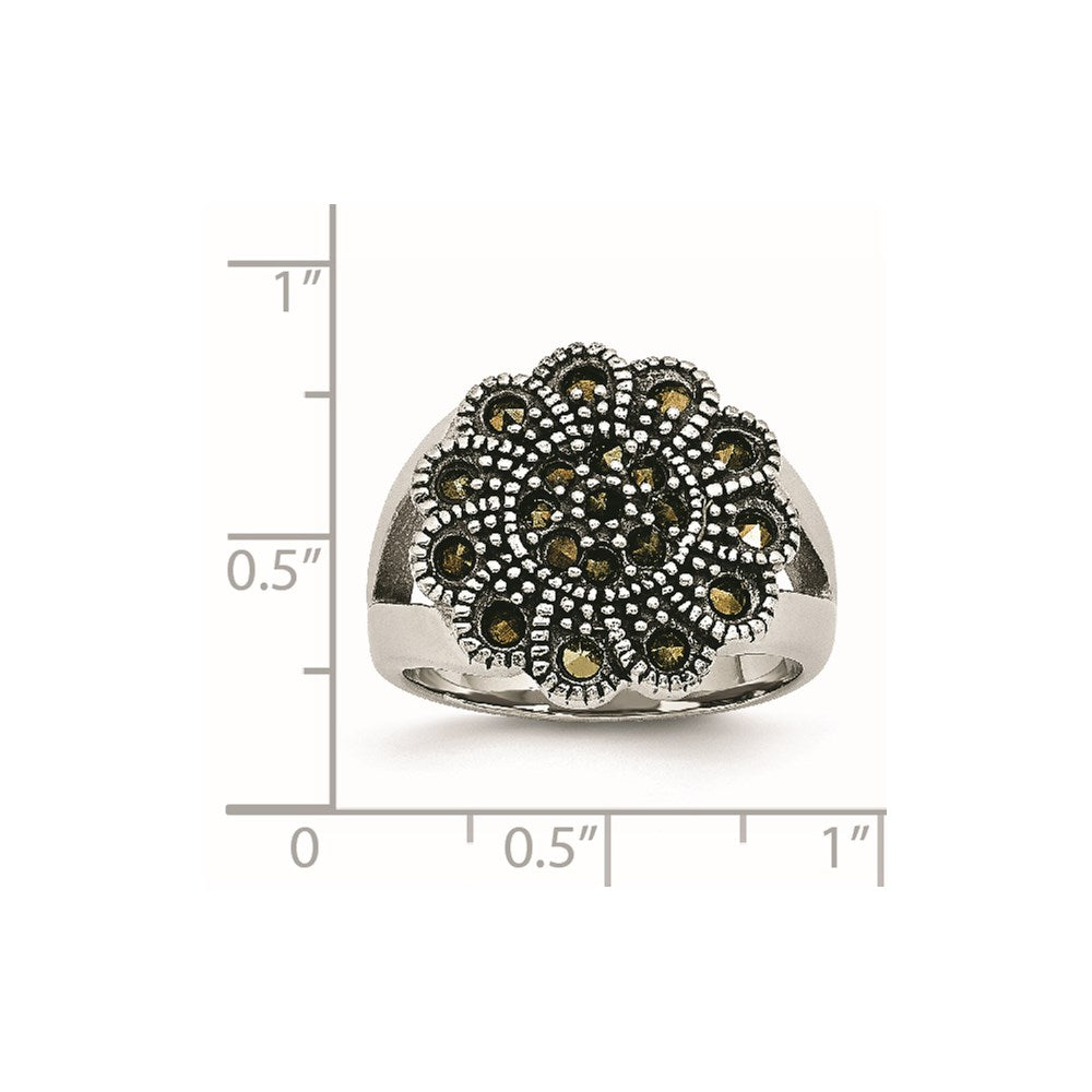 Stainless Steel Textured Flower Marcasite Ring